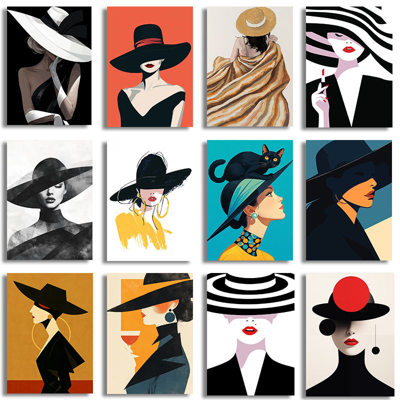 Women Fashion Hats - لوحة قماشية بدون إطار، صورة امرأة