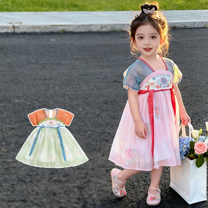 Floral Summer Dress - فستان هانفو صيني جديد للفتيات الصغيرات
